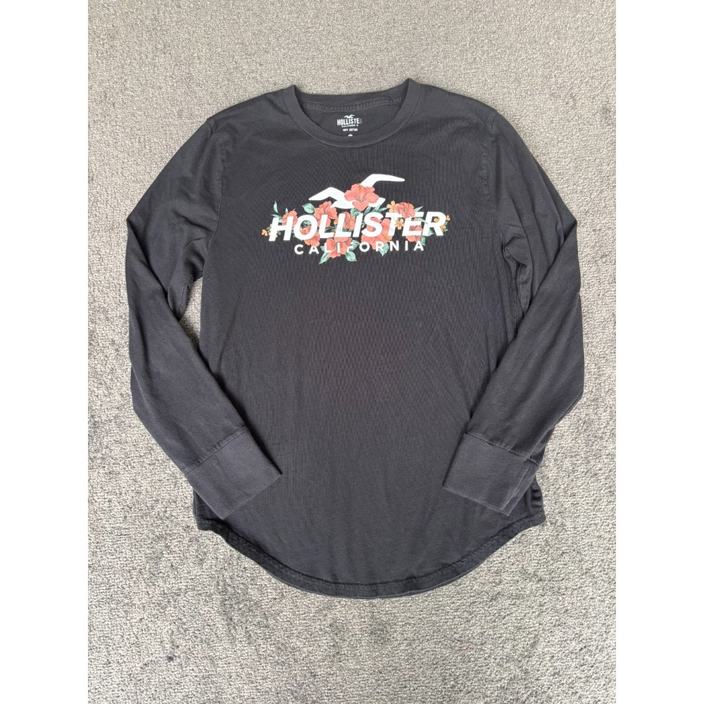 Hollister California T-Shirt Mens Small Black 100% Cotton Crew Neck Long Sleeve